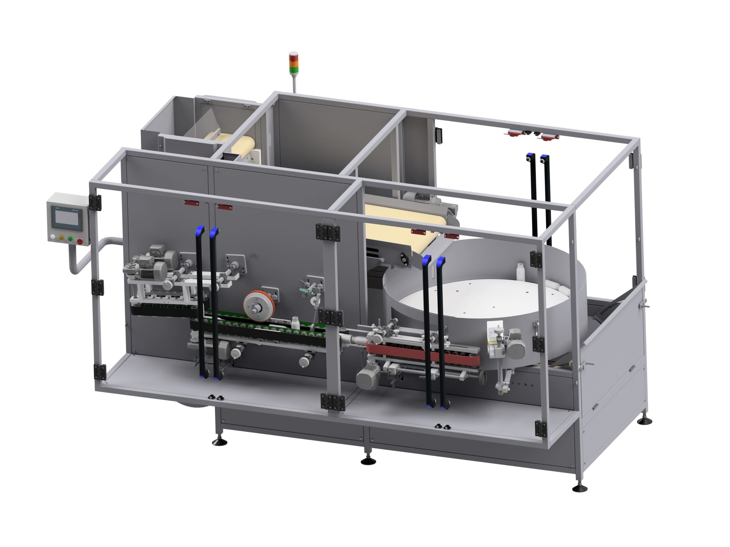 Bottle erector model A with built-in buffer for quick format changes.