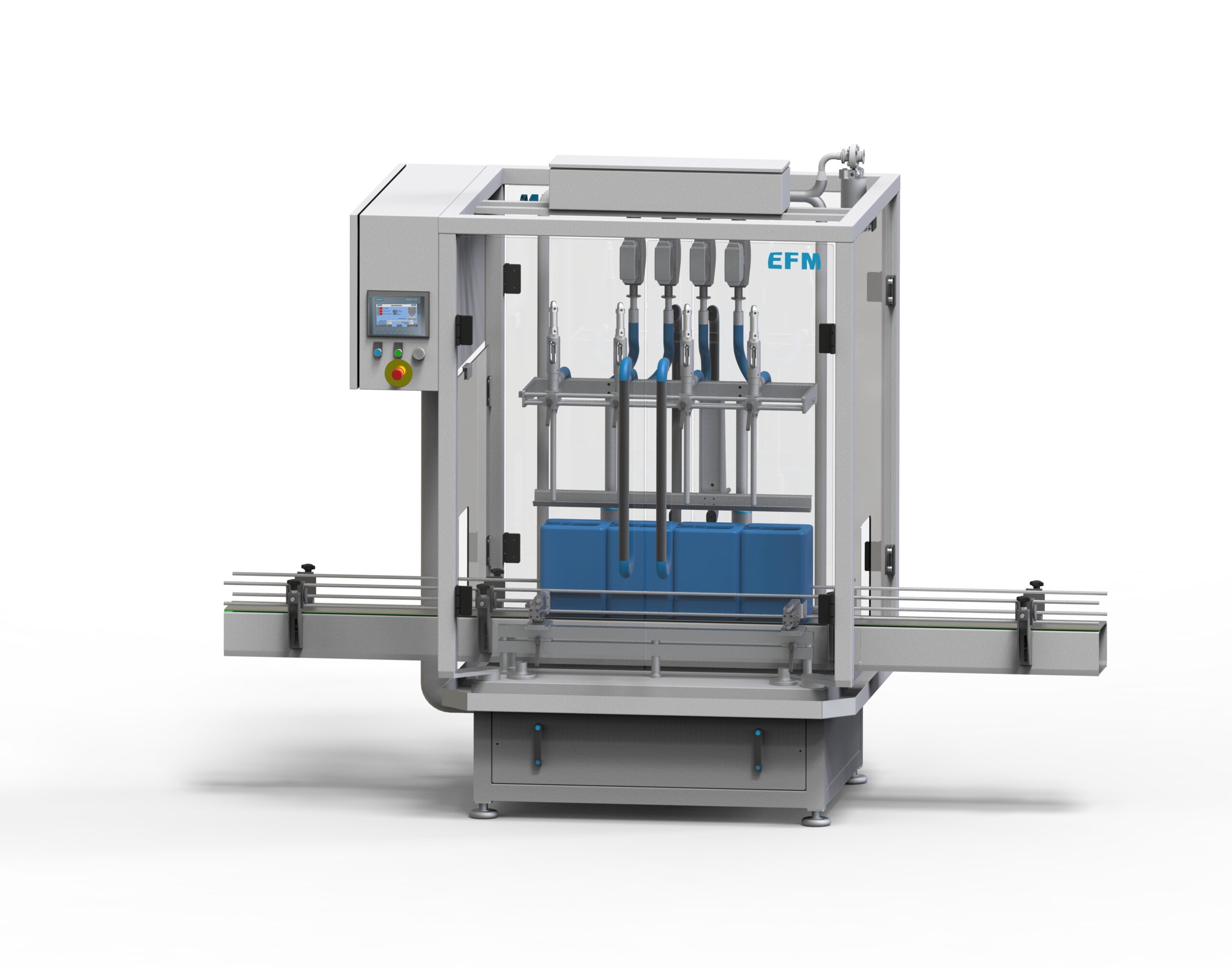 Flowmeter filling machine for fast and accurate filling of liquids in automated production lines.